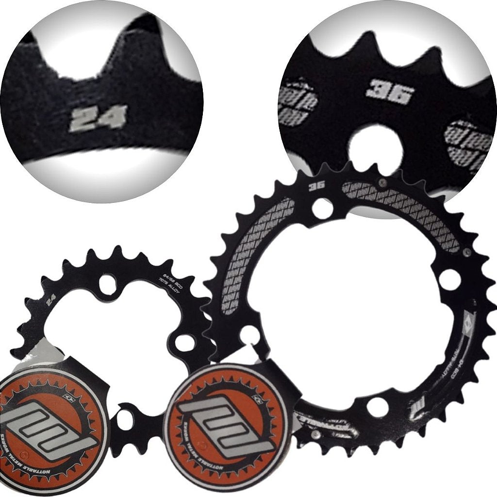 Kit Coroa Nottable Indexada 36 E 24 Dentes 4 Furos Bcd 104 E 64/68 Mm - Alumínio | Preta