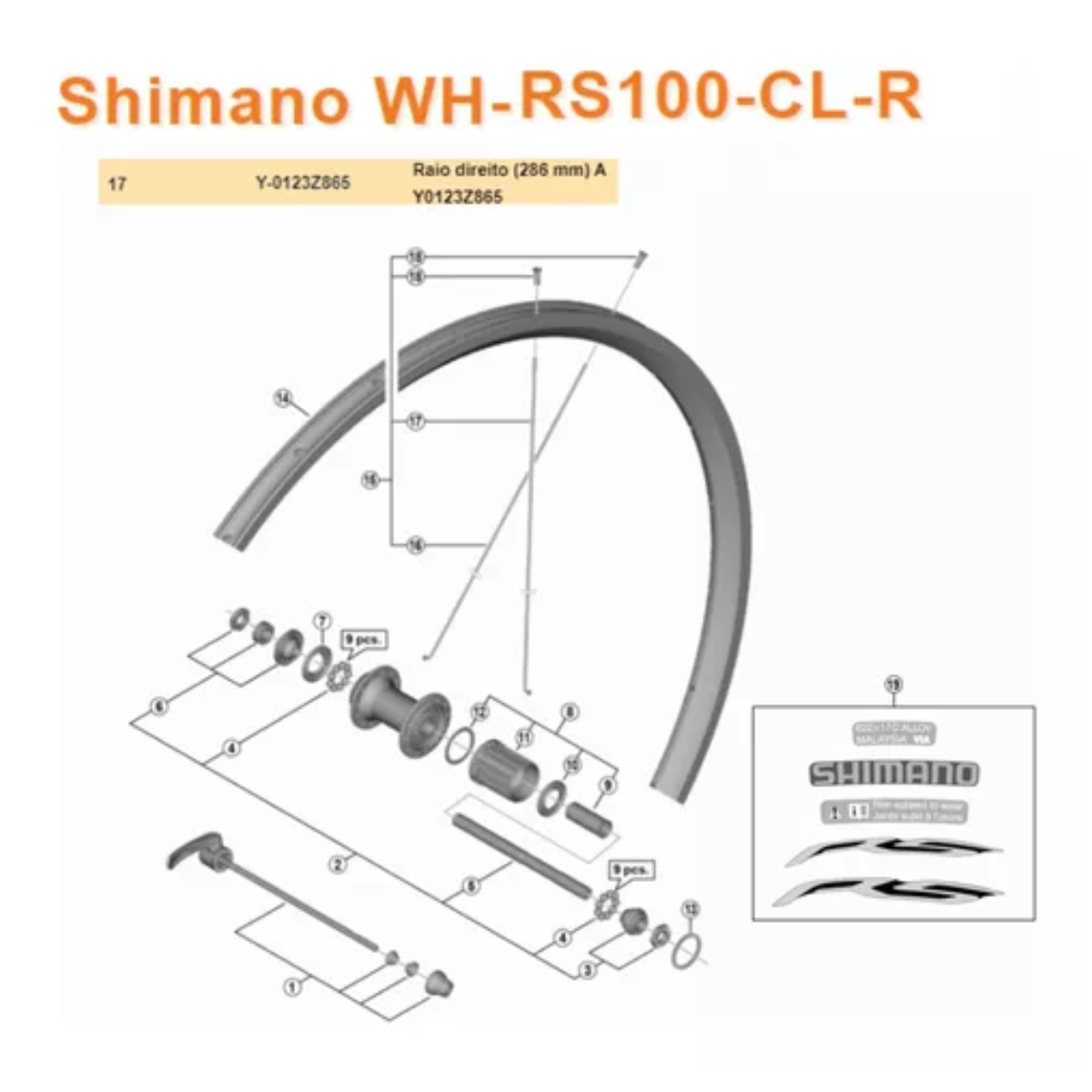 Raio Traseiro para roda Shimano WH-R500 286mm - Unidade