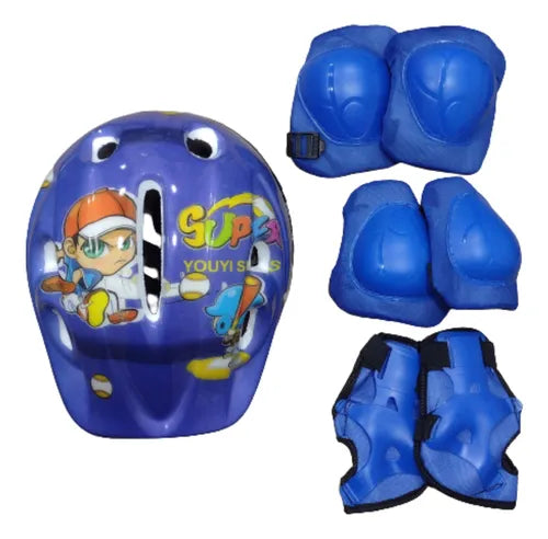 Kit Capacete Azul + Joelheiras E Cotoveleiras Infantil