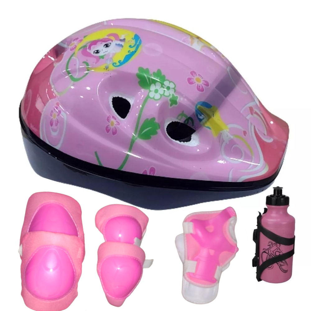 Kit Capacete, Joelheira E Cotoveleira Infantil + Garrafinha | Rosa